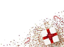 caja de regalo blanca con lazo rojo sobre una mesa con confeti. banner plano de vector 3d