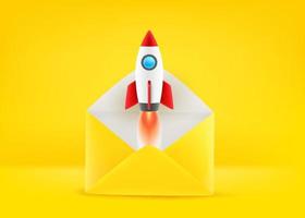Paper envelope with rocket. 3d vector illustration