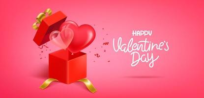 Happy Valentines Day Greeting card with gift box and lettering inscription. 3d vector illustration