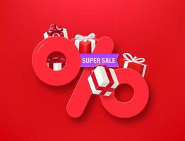 Shopping offer with percentage sign and gift boxes. Super sale. 3d vector illustration