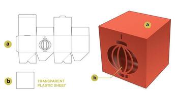 Square box with stenciled Chinese lantern and transparent plastic sheet die cut template vector