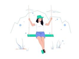 Holidays and adventures. Woman is playing on the swing. Character concept isolated in flat style. Vector illustration.