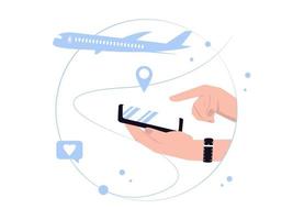 Hand holding cell phone and searching for destination location. Go on vacation. Flat style vector illustration.