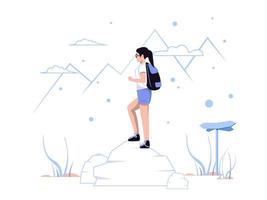 vacaciones y aventuras. mujer de pie sobre una roca. concepto de personaje aislado en estilo plano. ilustración vectorial vector
