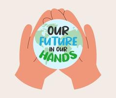 Hands hold earth with text vector
