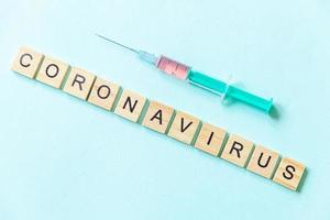 Text phrase Coronavirus and syringe on blue pastel background. Novel coronavirus 2019-nCoV MERS-Cov covid-19 middle East respiratory syndrome coronavirus virus vaccine concept. photo