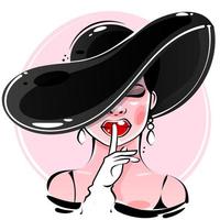 Fashion and accessories beauty icon.Woman with long hair and shiny red lipstick on her lips wearing an elegant hat.Vector vector