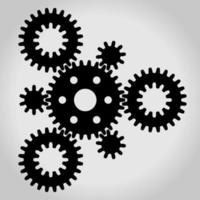 Black silhouette mechanical gears and cogwheel set, small and large, arranged in a triangle. Vector illustration.