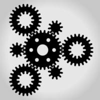 Black silhouette mechanical gears and cogwheel set, small and large, arranged in a triangle. Vector illustration.