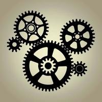 Integration of large and small mechanical gear and cogwheel set, black silhouette. Vector illustration.
