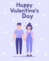 Couple in love holding hands with text. Happy valentines day vector card.