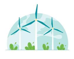 Wind turbines, wind power station. Concept of green energy and renewable energy sources. Flat vector illustration.