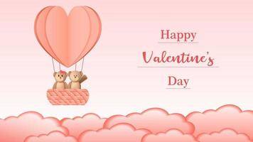 Happy Valentine's day vector artwork created with cute bear in Heart shape hot air balloon with Cloud like objects.
