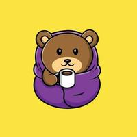 Cute Bear Wearing Blanket And Drink Hot Coffee Cup Cartoon Vector Icon Illustration. Animal FoodIcon Concept Isolated Premium Vector. Flat Cartoon Style