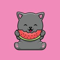 Cute Cat Eating Watermelon Cartoon Vector Icon Illustration. Animal Food Icon Concept Isolated Premium Vector. Flat Cartoon Style
