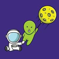 lindo astronauta con extraterrestre sosteniendo la ilustración de icono de vector de dibujos animados de globo de luna. concepto de icono de vacaciones de ciencia vector premium aislado. estilo de dibujos animados plana