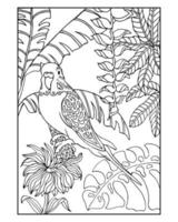 Hand-drawn sketch of a parrot bird on a background of tropical flowers and leaves. Illustration for coloring book, anti stress