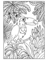 Sketch drawn funny toucan bird on a background of tropical flowers and leaves. Illustration for coloring book, anti stress