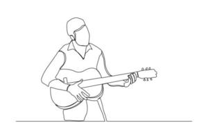 Continuous line drawing of a man playing guitar. Single one line art of musician guitarist vector illustration