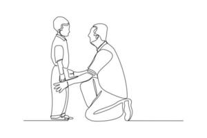 Continuous line drawing of young dad giving some wise advice talk to his child. Happy family parenting concept. Trendy single one line draw design graphic vector illustration