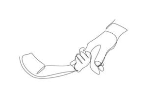 Continuous line drawing of parent giving hand to his child. Single one line art of father and mother care. Parental concept vector illustration