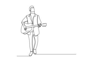 Continuous line drawing of a man playing guitar. Single one line art of musician guitarist vector illustration