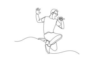 Continuous line drawing of young happy male pop singer holding microphone singing and jump on stage. Single one line art of musician artist performance concept design vector illustration