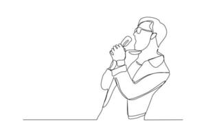 Continuous line drawing of young happy male pop singer holding microphone singing and jump on stage. Single one line art of musician artist performance concept design vector illustration