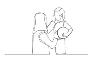 Continuous line drawing of young mother giving some wise advice talk to his child. Happy family parenting concept. Trendy single one line draw design graphic vector illustration