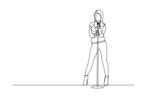 Continuous line drawing of young happy female pop singer holding microphone and singing on stage. Single one line art of musician artist performance concept design vector illustration