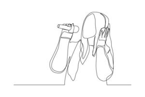 Continuous line drawing of young happy female pop singer holding microphone and singing on stage. Single one line art of musician artist performance concept design vector illustration