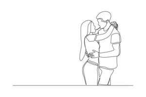 Continuous line drawing of romantic couple hug. Single one line art of young happy couple embracing vector