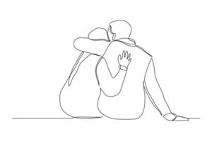 Continuous line drawing of romantic couple hug. Single one line art of back view of young happy couple sitting and looking in the same direction vector