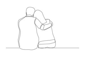 Continuous line drawing of romantic couple hug. Single one line art of back view of young happy couple sitting and looking in the same direction vector