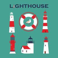 Set of lighthouses and seagull on blue background vector