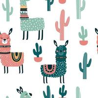 Seamless pattern with Llama and plants vector