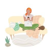 mujer en el sofá con una computadora portátil y un teléfono en casa con un gato. negocios y trabajo desde casa. una niña compra una tienda o estudia en internet en una computadora. ocio, ilustración vectorial sobre fondo blanco vector