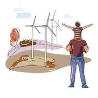 A man father with a child look at the Landscape with wind turbines,windmills.Concept of sustainable renewable green energy.Scenery with environmentally friendly sources of electricity in nature.Vector vector