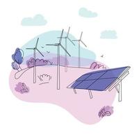 Alternative energy sources. Wind turbines and solar panels in the field, sketch style. Outline vector illustration. Eco concept