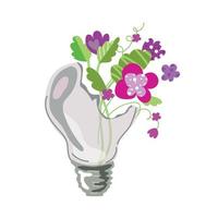 Abstract flowers grow inside a broken electric light bulb.Vector color illustration in a modern style.Reuse of things.Recycling waste concept.Green energy. vector