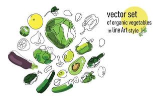 Art line set of vegetables and fruits, round composition, cabbage, eggplant, lemon, rosemary, artichokes, cucumbers, garlic, avocado and so on, Healthy food concept, vegan set isolated on white backgr vector
