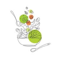 Poke bowl with salmon, avocado, cucumber and salad drawn in outline style, simple drawing abstraction, with colored spots on the background, isolated on white background, vector illustration