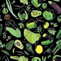 Modern seamless green vegetables on a dark background, great design for any purpose. Modern design. Fabric vector seamless pattern. Abstract bright wallpaper with different vegetables and fruits