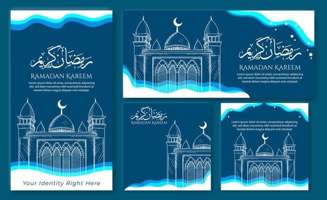 Ramadan Kareem beautiful greeting card with arabic calligraphy which means Ramadan kareem, islamic background with mosques suitable also for Eid Mubarak . a set of poster.