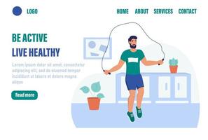 Be active landing page vector template. A man does sports at home. Flat vector illustration