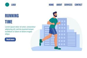 Running time landing page vector template. A man runs down the street. Flat vector illustration