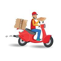 Nice food-delivery man of pizzeria on a scooter with boxes of pizza on white background vector