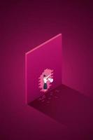 Woman talks into a megaphone stands front pink wall break a hole. vector