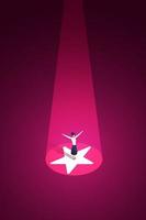 Businesswoman stands on a huge star with spotlights shining down on it. vector