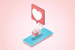 icono de mensaje de corazón y carrito de compras en el teléfono inteligente. vector